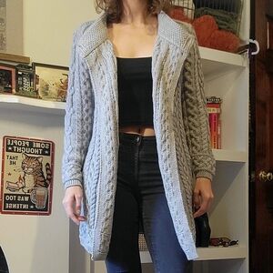 Aran Crafts Women's Light Gray Cable Knit Cardigan